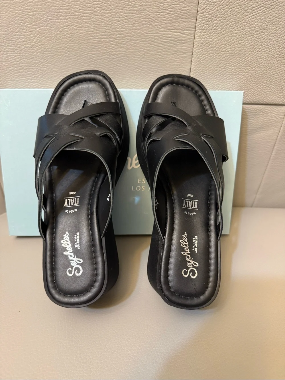 Seychelles Black Crisscross Platform Slide Sandals